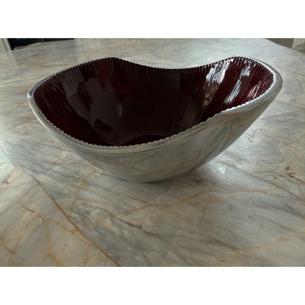 Simplydesignz Red Enamel Silver Aluminum Asymmetrical Decorative Bowl